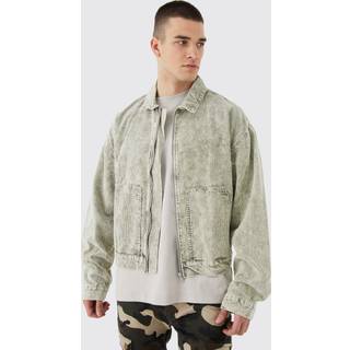 Mens Green Tall Boxy Acid Wash Cord Jacket