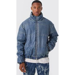 Mens Blue Funnel Neck Boxy Denim Look Pu Puffer