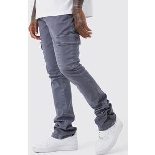 Mens Charcoal Skinny Stacked Flare Overdye Cargo Trouser
