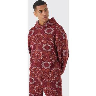 Mens Red Oversized Fringed Heavyweight Jacquard Tapestry Hoodie