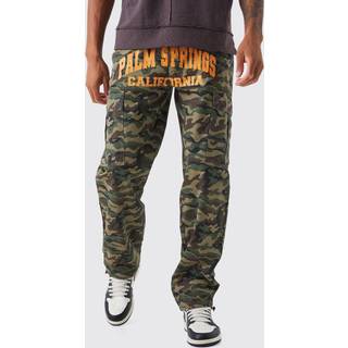 Mens Chocolate Tall Relaxed Cargo Varsity Slogan Print Camo Trouser