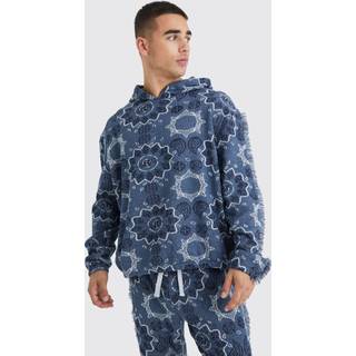 Mens Blue Oversized Fringed Heavyweight Jacquard Tapestry Hoodie