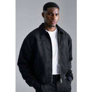 Mens Black Faux Suede Boxy Collared Bomber Jacket