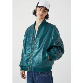 Mens Teal High Shine PU Bomber Jacket With Embroidery