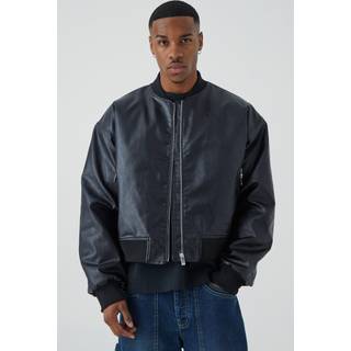 Mens Black Boxy PU Bomber Jacket With Zips