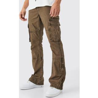 Mens Chocolate Slim Flare Zip Gusset Overdye Acid Wash Cargo Trouser