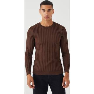 Mens Brown Muscle Fit Ribbed Long Sleeve Jumper
