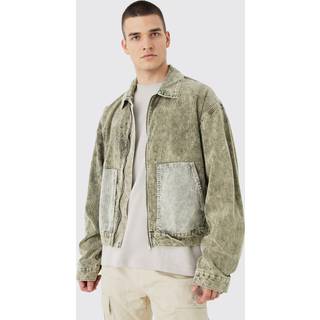 Mens Khaki Tall Boxy Colour Block Acid Wash Cord Jacket