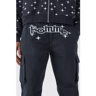 Mens Black Relaxed Crotch Print Cargo Trouser With Hem Detail