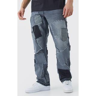 Mens Charcoal Relaxed Distressed Patchwork Jean