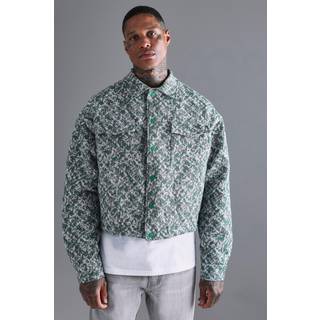 Mens Green Boxy Textured Jacquard Collared Jacket
