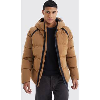 Mens Tan Crinkle Hooded Puffer