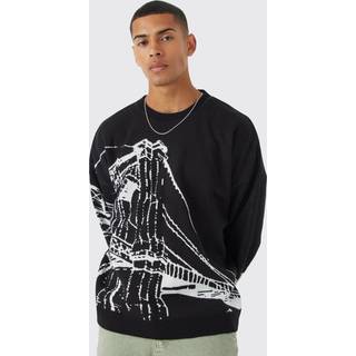 Mens Black Oversized Drop Shoulder Line Graphic Jumper