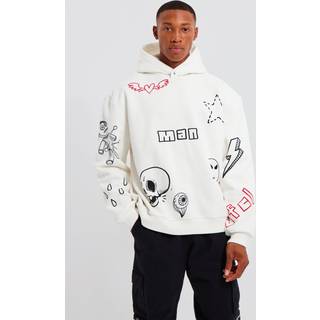 Mens Ecru Oversized Boxy Doodle Graphic Hoodie