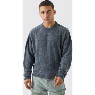 Mens Charcoal Boxy Boucle Knit Extended Neck Jumper