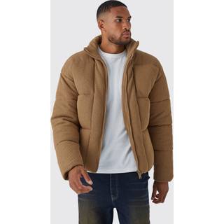 Mens Tan Tall Chunky Knitted Funnel Neck Puffer