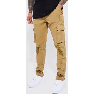 Mens Tan Fixed Waist Skinny Rip And Embroidered Cargo trousers