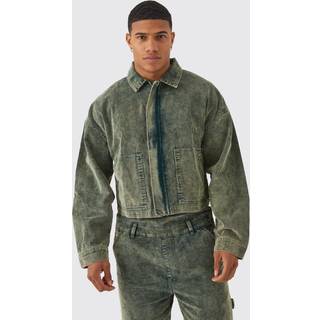 Mens Green Boxy Acid Wash Cord Jacket