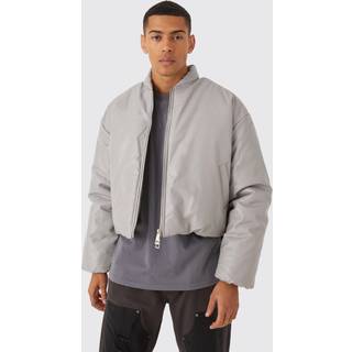 Mens Light Grey Boxy PU Volume Padded Puffer Bomber Jacket