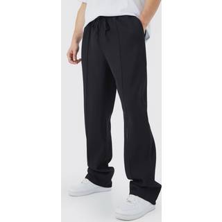 Mens Black Tall Elastic Waist Relaxed Fit Pleated Trouser