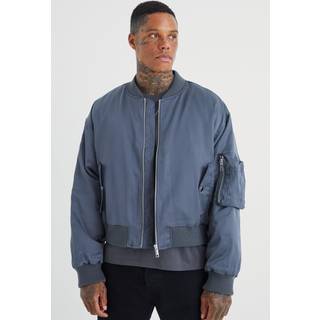 Mens Slate Blue Boxy Satin Padded Ma1 Bomber Jacket