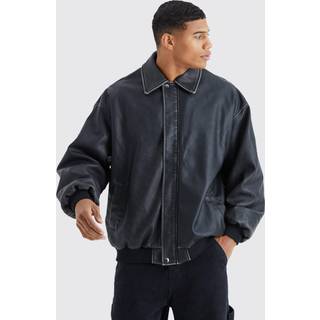 Mens Black Oversized Distressed PU Bomber Jacket With Panel