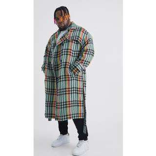Mens Multi Plus Wool Look Check Double Breasted Overcoat in Green