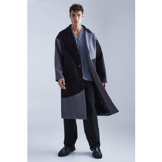 Mens Black Colour Block Melton Overcoat