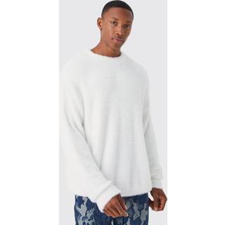 Mens Ecru Oversized Crew Neck Fluffy Knitted Jumper