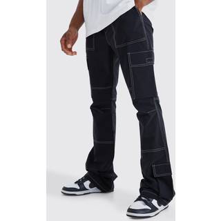 Mens Black Elasticated Waist Slim Flare Contrast Stitch Cargo Trouser