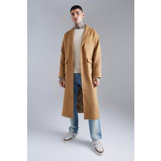Mens Camel Single Breasted Brushed Wool Look Belted Overcoat