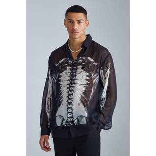 Mens Black Long Sleeve Printed Sheer Shirt