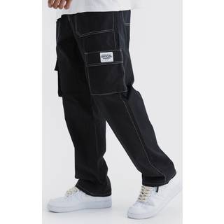 Mens Black Relaxed Contrast Stitch Cargo Trouser With Woven Tab