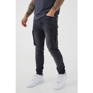Mens Washed Black Skinny Stretch Washed Cargo Jeans