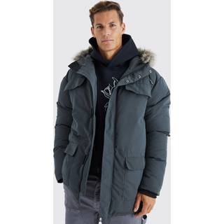 Mens Tall Faux Fur Hooded Arctic Parka Jacket in Charcoal