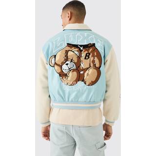 Mens Pale Blue Boxy Teddy Varsity Jacket With Boucle Sleeves
