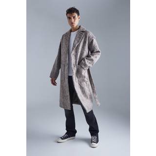 Mens Grey Longline Brushed Wool Look Belted Overcoat