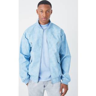 Mens Light Blue Washed Pu Panel Detail Bomber