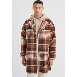 Mens Rust Wool Look Check Single Breasted Overcoat