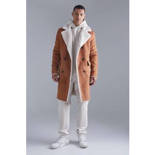 Mens Tall Borg Lined Double Breasted Overcoat in Tan