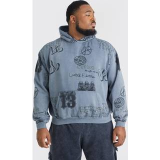 Mens Charcoal Plus Oversized Boxy Washed Graffiti Hoodie