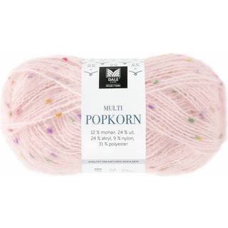 Dale Multi Popkorn 504 Lys rosa Indhold: 31% polyester, 24% uld, 24% akryl, 12% mohair & 9% nylon Vægt/længde: 50 gram = ca. 135 meter Anbefalede pinde: 4.00-6.00 mm Strikkefasthed: 10 cm = 18-14 m Kan maskinvaskes - Uldvask 30 °C / Brug ikke skyllemiddel / Tørres fladt.