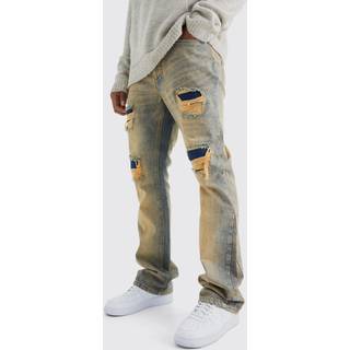 Mens Antique Wash Slim Flare Rigid Multi Rip & Repair Jean