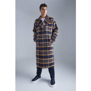Mens Multi Double Breasted Longline Brushed Check Overcoat