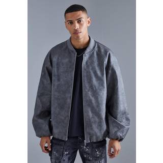 Mens Grey Oversized Vintage Cracked PU Raglan Bomber Jacket