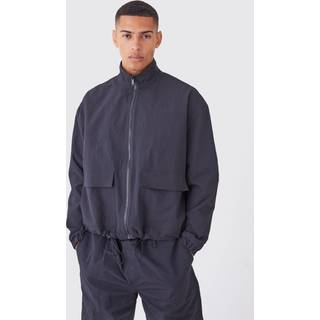 Mens Black Crinkle Nylon Zip Through Harrington Jacket