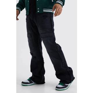 Mens Washed Black Relaxed Rigid Flare Frayed Edge Cargo Jeans