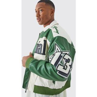Mens Green Boxy Fit PU Moto Collared Bomber Jacket