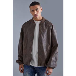 Mens Brown Oversized Vintage Cracked PU Raglan Bomber Jacket