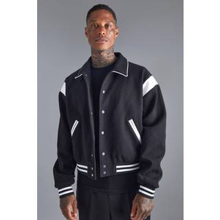 Mens Black Boxy Melton Bomber Jacket With Contrast Trims